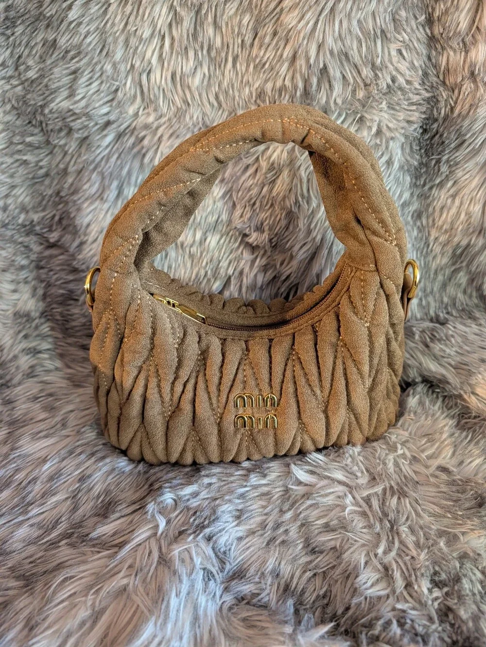 Miu Miu Quilted Suede Shoulder Bag in Taupe